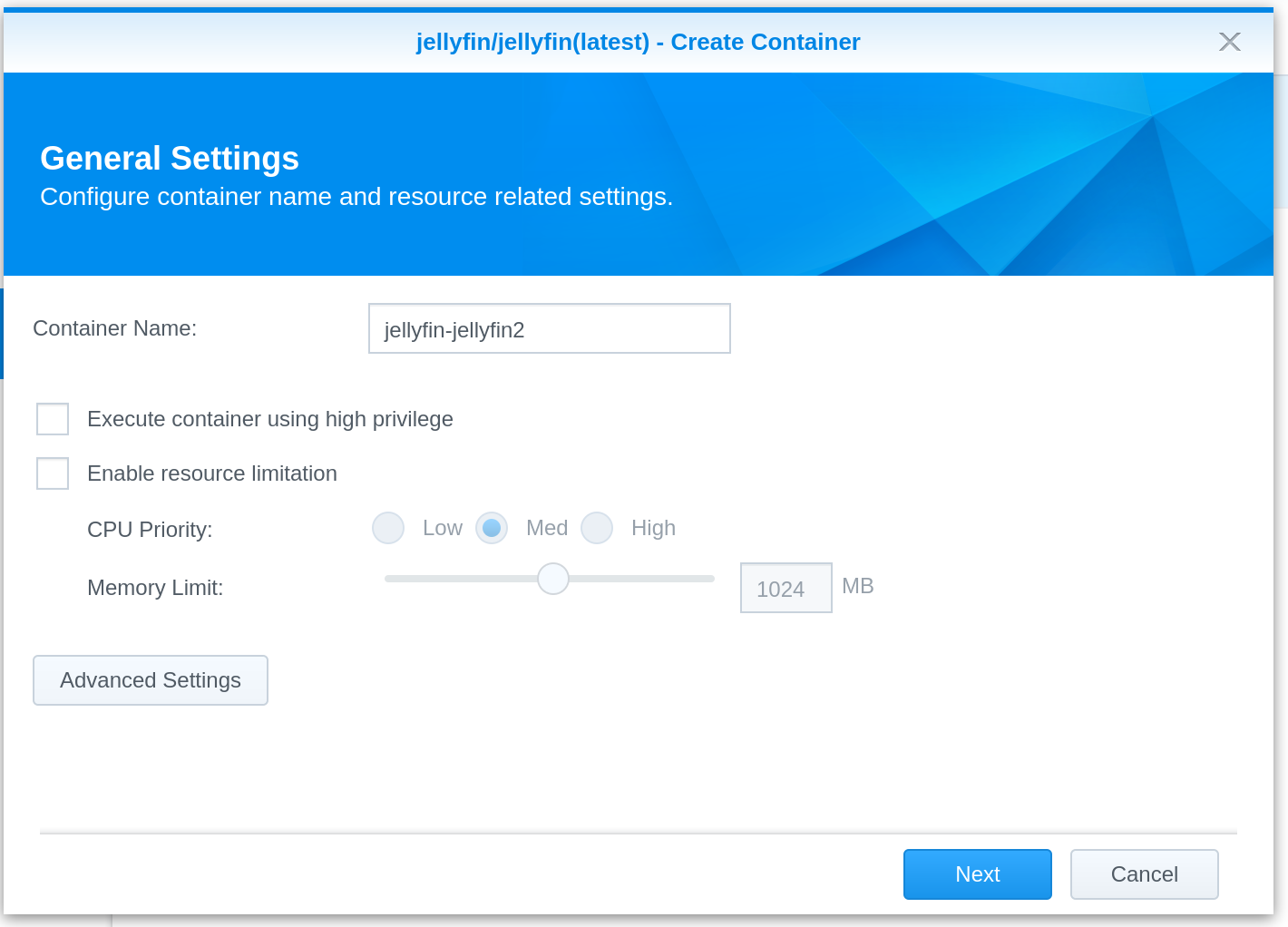 create container general settings